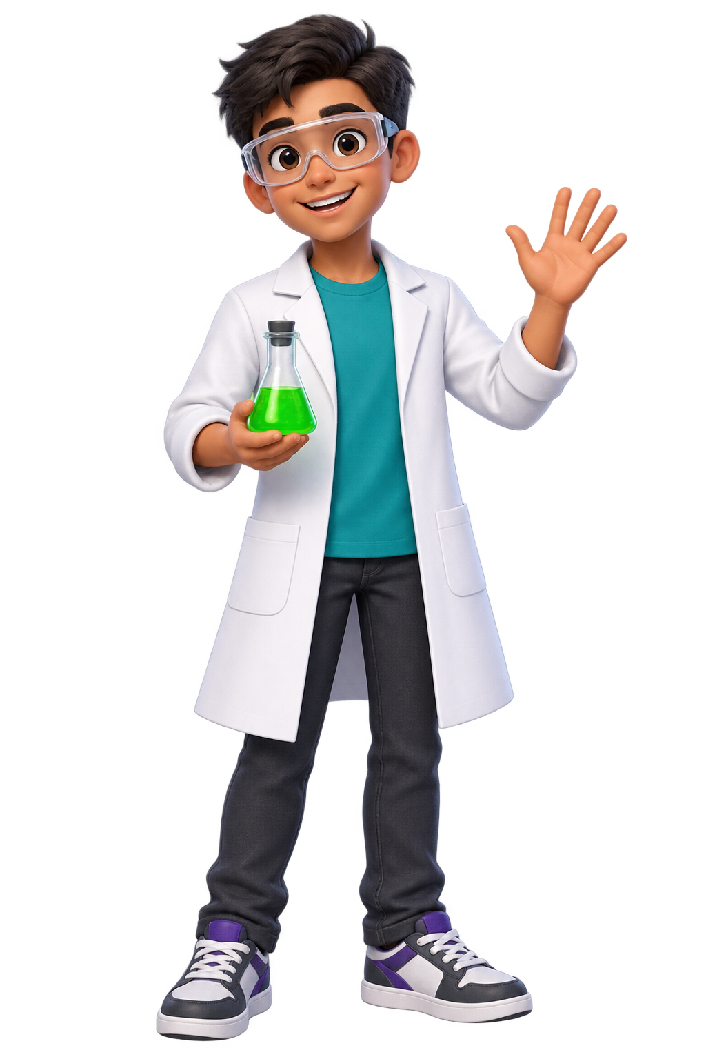 Friendly cartoon boy wearing a white laboratory coat and safety goggles
