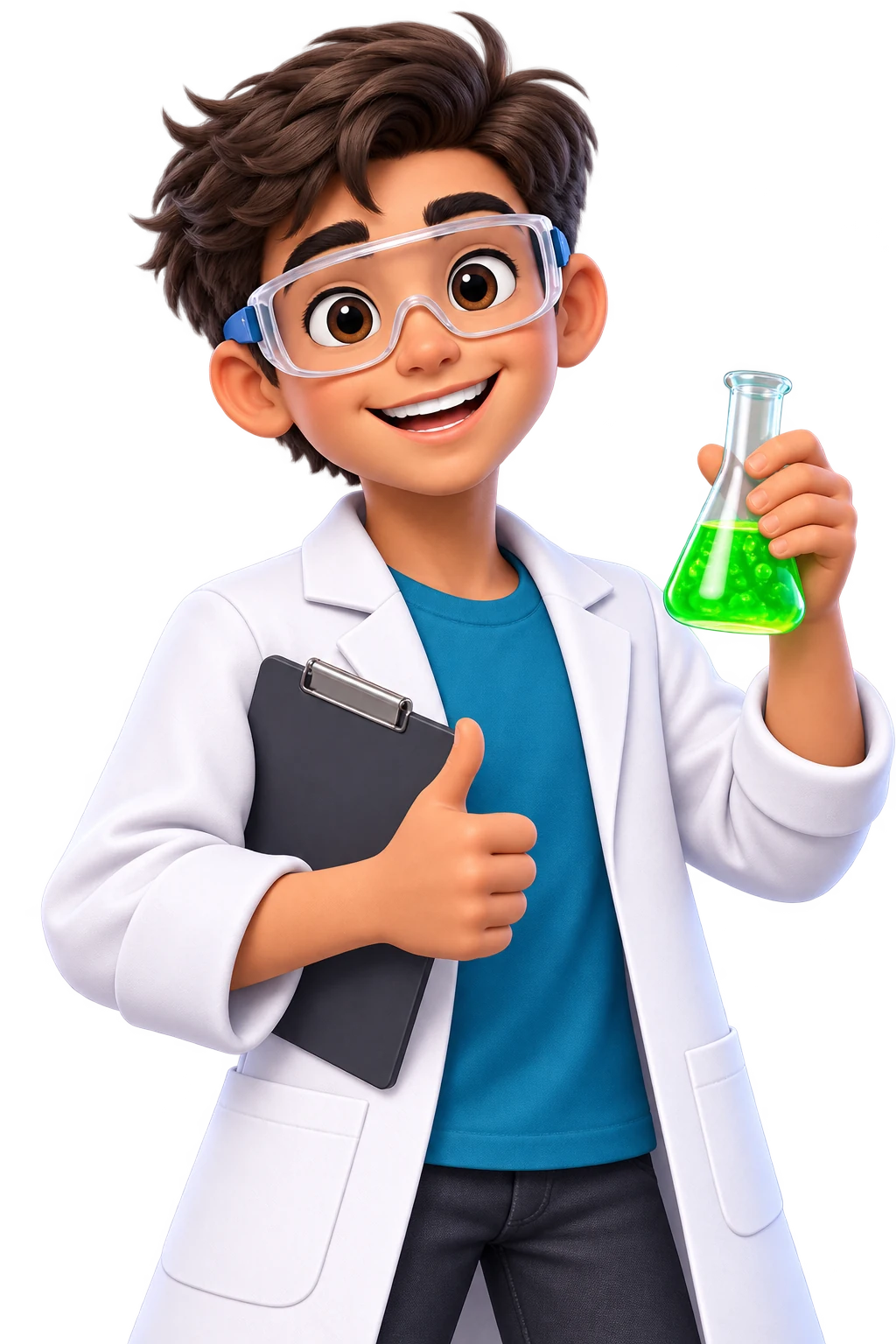 Smiling student scientist in a lab coat holding a flask